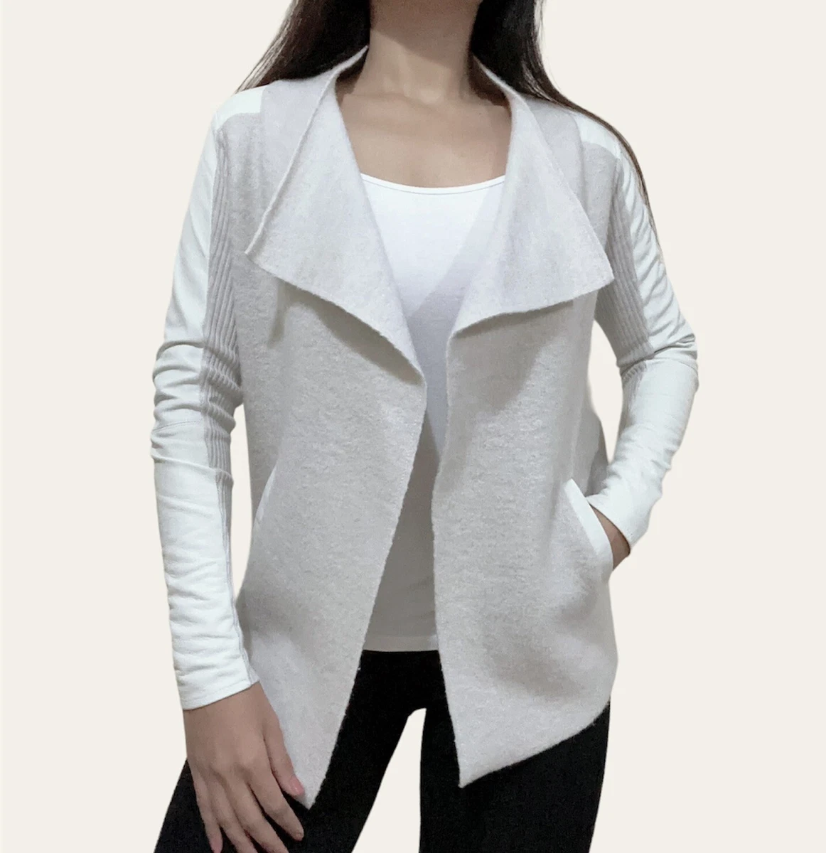 Ted Baker Jacket Size S Grey Boiled Wool Leather Wrap Waterfall Cardigan Coat