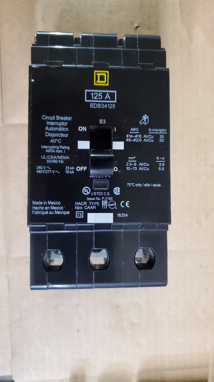 EDB34125 125 Amp 3 Pole square d Circuit Breaker 785901072966 eBay