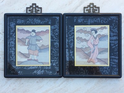 VINTAGE 1937 SHANGHAI CHINA WEAVING TEXTILE FIGURES MINIATURE COUPLE SILK LOVERS
