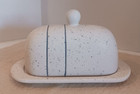 Handmade Pottery People 2 pc Butter Keeper Beige & Blue Speckled