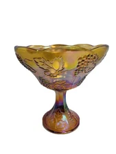 Vintage Amber Marigold CARNIVAL GLASS Compote Pedestal BOWL Iridescent Grapes 