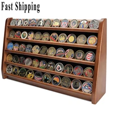 Challenge Coin Display Case 5 Rows Military Coin Walnut Wooden Holder Rack Stand