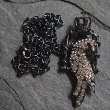 Vintage Bird Pendant Necklace - Gunmetal Rhinestones Crown Hyacinth Macaw