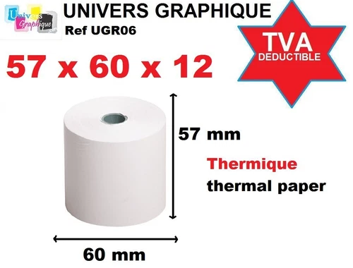 Lot de 50 Bobines rouleau papier thermique grande capacité 57 x 60 x 12 Roule...