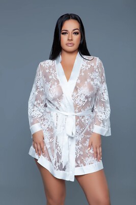 sexy BE WICKED sheer FLORAL lace SATIN trim SASH long SLEEVE short ROBE lingerie