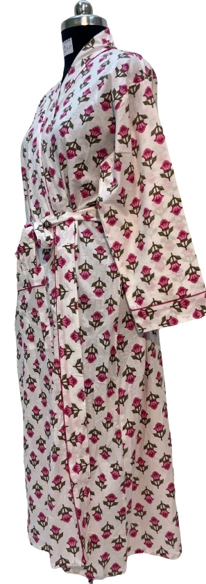 kimono robe Indian women's long jaipuri prints pink and white colour free size - Image 3 of 4