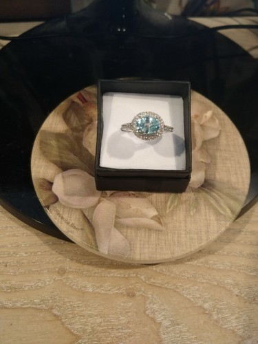 2.55 cts CambodianBlue Zircon, NaturalWhiteZircon Double Halo Ring/SS,Sz 5 OR 10 - Picture 10 of 12