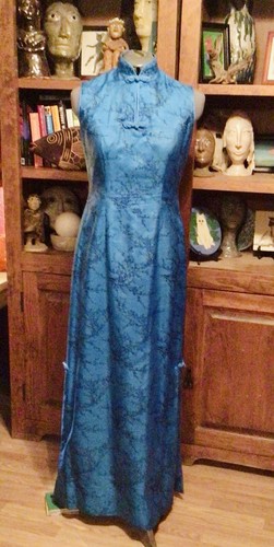 Vintage 100% Silk Long Thai Floral Cheongsam Blue Dress - Picture 3 of 10