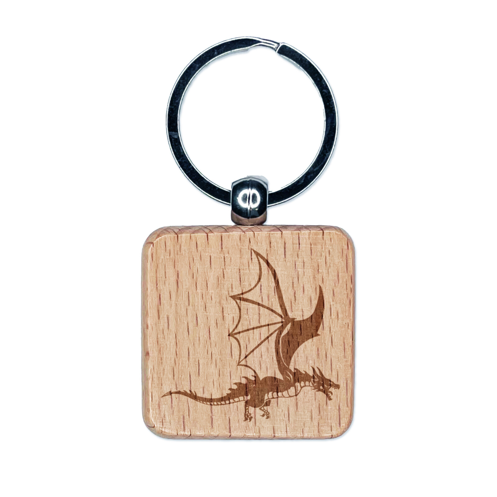 Fierce Flying Dragon Engraved Wood Square Keychain Tag Charm
