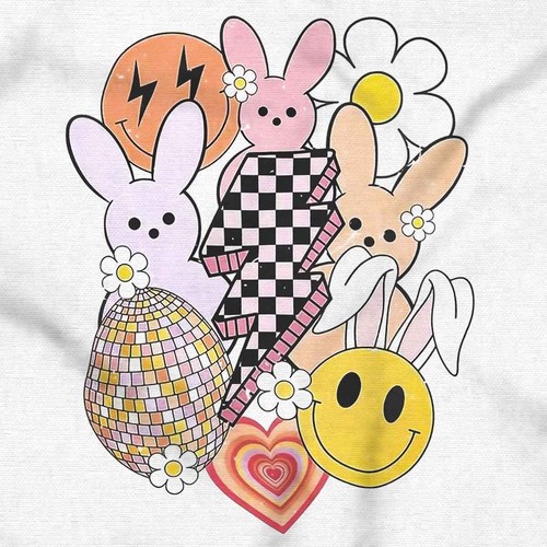 Easter Bunny Daisy Flower Heart Happy Disco Girls Youth Crewneck T Shirts Tees - Picture 2 of 7