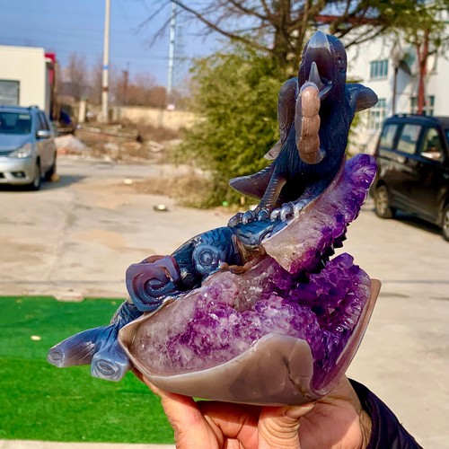 5.29LB Natural Amethyst agate geode quartz cluster crystal Handcarved crow - 第 9/24 張圖片