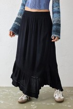 Urban Outfitters UO Black Crinkle Asymmetrical Prairie Maxi Skirt Lace S 265028