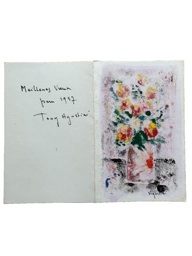 Beau tableau moderne bouquet de fleurs carte de voeux Tony Agostini 1957 - Photo 1/6