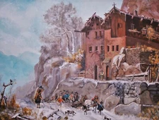 Oil on Canvas Painting of Old Europe Street Scene Signed & Dated K. Hamilton '75