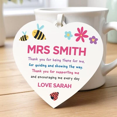 BEECREATIVE Teacher Gift PERSONALISED Teacher Assistant Nursery Thank You Heart Plaque Gift