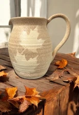Studio Pottery Maple Leaf Syrup 7” Pitcher Jug Signed Gargano Cream Fall Decor