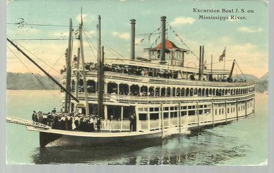 07252020Excursion Boat J.S. on MISSISSIPPI RIVER Antique Postcard 1911 postmark 