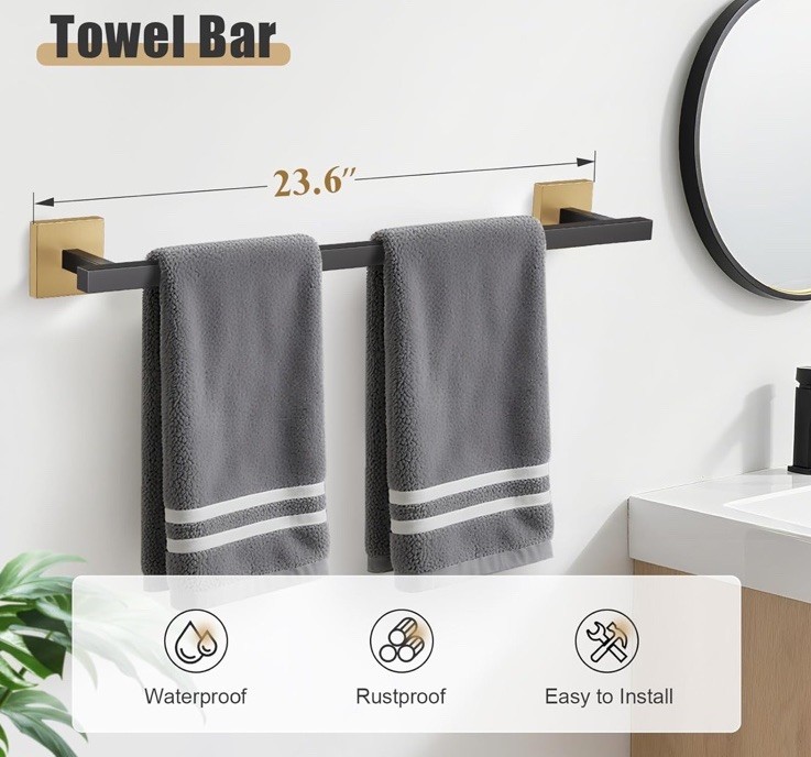 5-Pieces Black and Gold Bathroom Hardware Accessories Set Stainless Steel