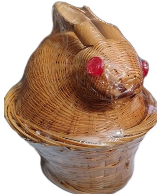 Vintage 80s Wicker Bunny Rabbit Basket W/Red Button Eyes, Lidded, New In Plastic