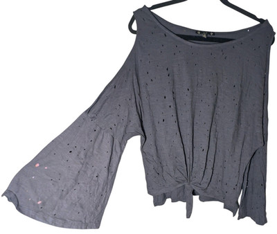 NWOT Iris Women 3X Cold Shoulder Distressed Top Charcoal Gray Cotton Tie Front