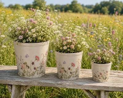 Sommer Wiesenblumen Blumentopf Blumentöpfe Übertopf 3 Varianten Clayre & Eef - Bild 1 von 4