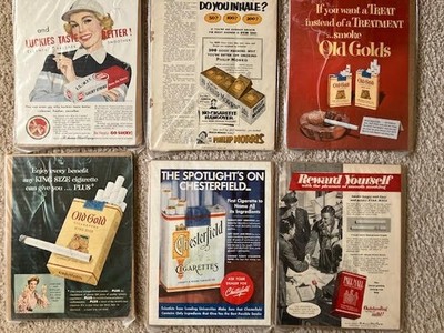 6 Vintage 1950's Cigarette Print Ads - Old Golds, Chesterfield, Pall Mall, Lucky