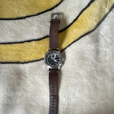 Analog Stainless Steel Silver Case Brown Leather Strap Black Dial Wristwatch