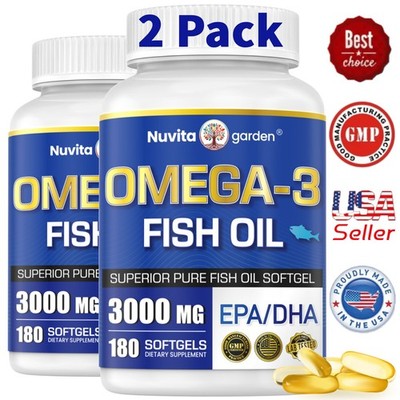 2 Pack Omega 3 Fish Oil Supplement  3000mg , EPA & DHA Supplement, 360 Softgels