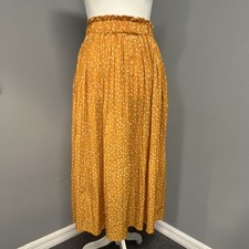 Womens M Yellow White Polka Dot Pleated Long Skirt Pull On Elastic Waist Pockets