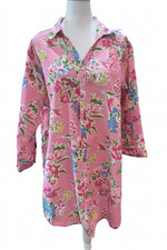 Pink Floral Cotton Lounge Sleep Shirt Dress Cover Up 3/4 Sleeve Collared XL