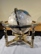 Mother Of Pearl Abalone Inlay World Globe Tabletop Heavy Tripod Brass Compass
