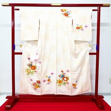 Japanese Kimono 'HOUMONGI' Silk/Blush beige/Flower/Maple/Length:152cm N1289