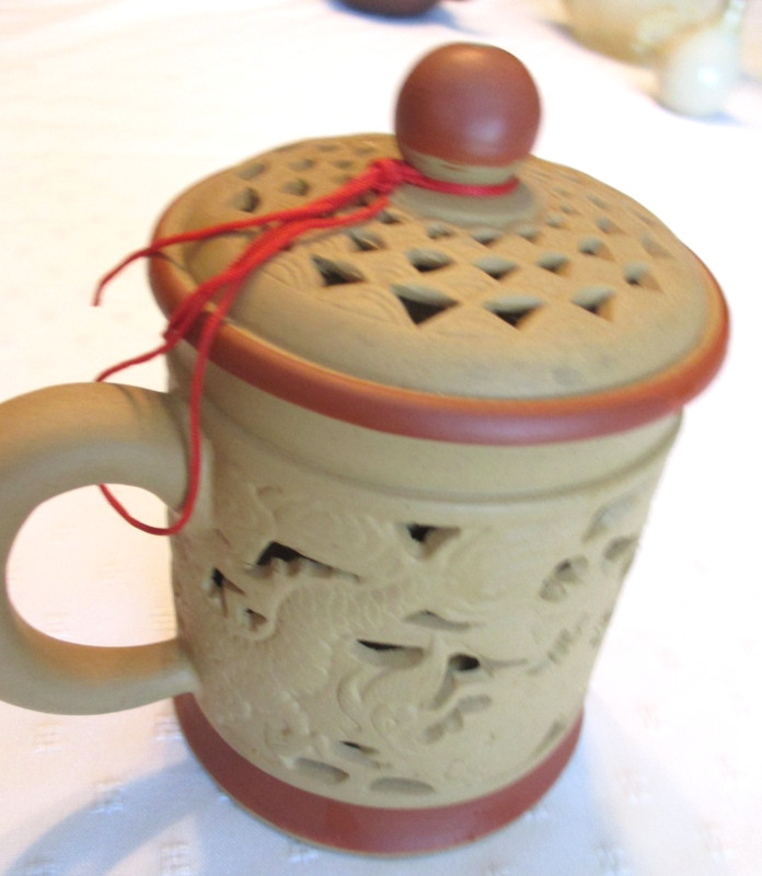  Chinese Yixing Double-Wall Pierced Clay Teapot Dragon Design signed