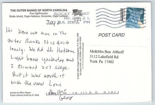 Postcard The Outer Banks of North Carolina 4 Lighthouses posted 2007 - Picture 2 of 2