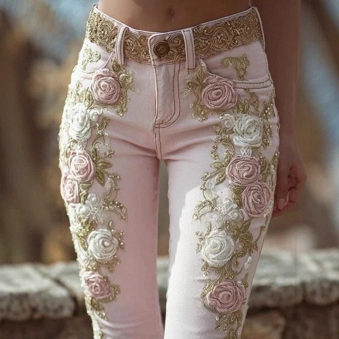 Jeans feminino retrô rosa bordado estampado artístico elegante - Imagem 4 de 4