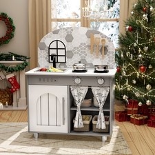 Kids Wooden Kitchen Playset, Toddler Pretend Play Kitchen with Clicking Knobs