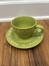 Rare Vintage Novelty “tea” Teacup And Saucer Set Olive Green