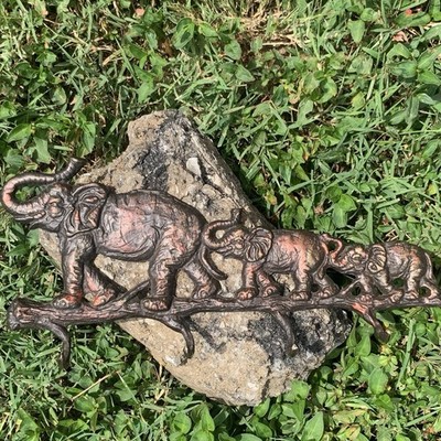 Vintage Brass Elephant Parade Key Holder Rack Wall Mount TrunkUp Good Luck Decor