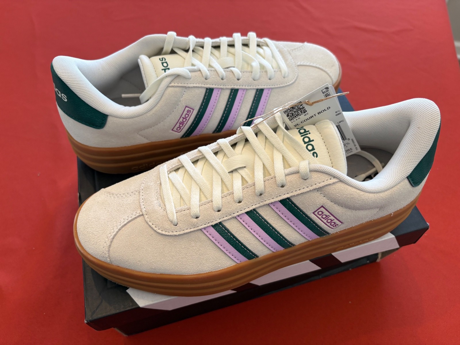 Size 10 - Adidas VL Court Bold Off White Collegiate Green Lilac W