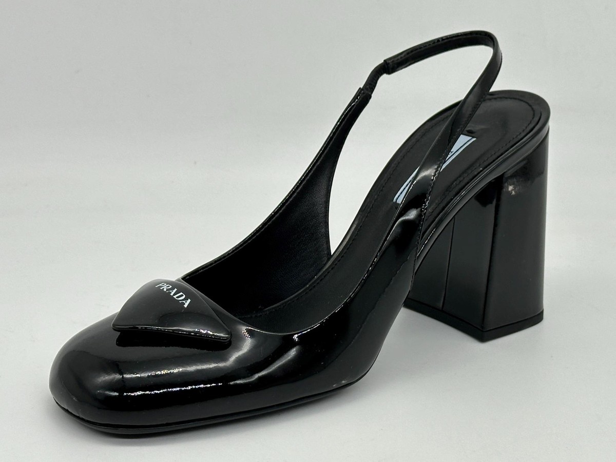 PRADA Vernice Logo Patent Leather Square Toe Slingback Pump PRADA Vernice Logo Patent Leather Square Toe Slingback Pump