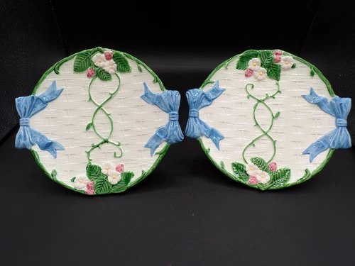Two Vintage Haldon Blue Ribbon Bow Rare Blue Bow Handled Lunch Plates Japan I24