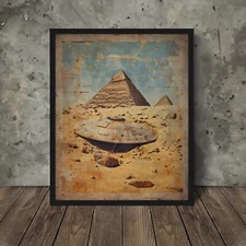 Vintage EGYPTIAN UFO CRASH Wall Art, Alien Pyramid UAP Egypt Decor Sci-fi Poster