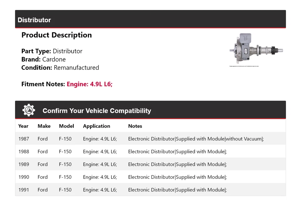 Ford F-150 1987-1991 4,9 L L6 distribuidor Cardone 1988 1989 1990 Foto 2 de 4