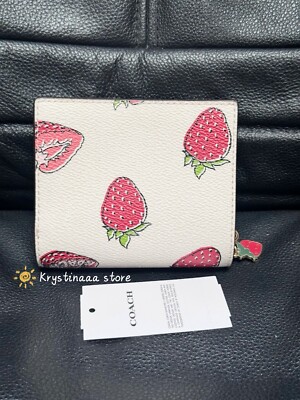 NWT Coach CAP18 Snap Wallet With Strawberry Print In Gold/Chalk