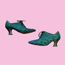 Vintage 1990s Y2K Forest Green Floral Lace Up Victorian Style Heeled Shoes