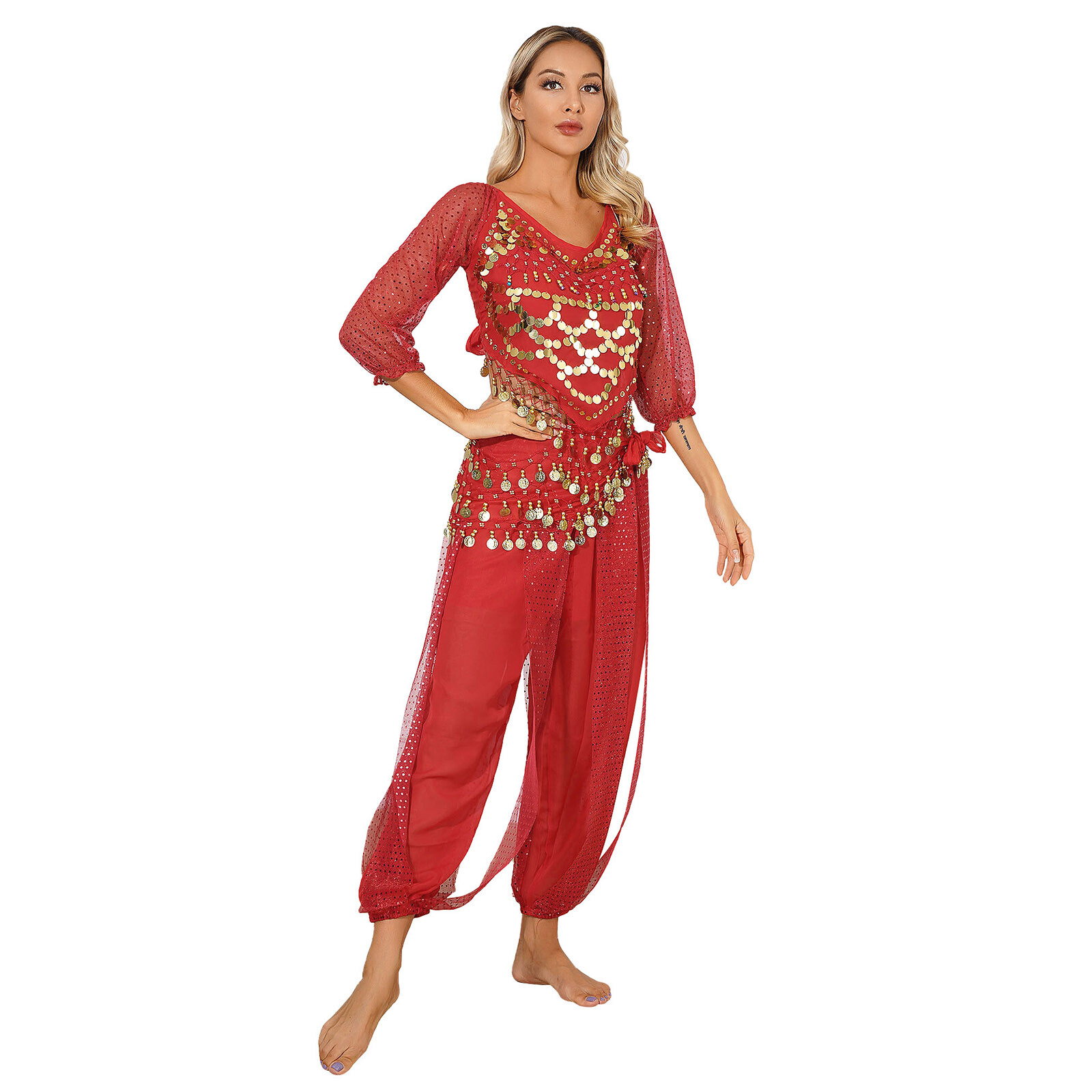 Bauchtanz Kostüm Set Damen - Pailletten Top + Rock + Handschuhe Oriental Style