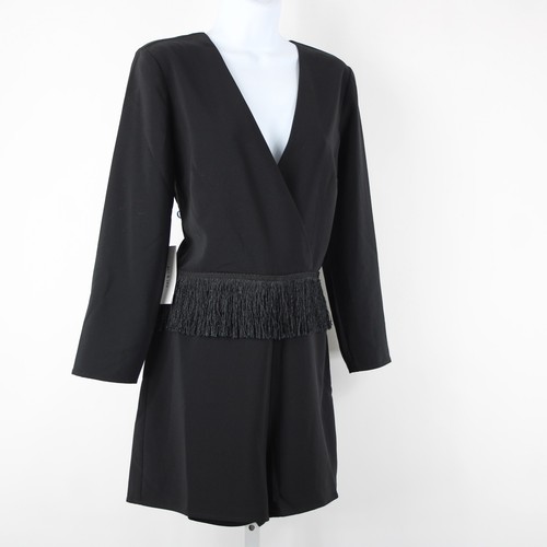 Ali Jay NEW Sz M Black Fringe V Neck Lined Long Sleeve Polyester Spandex Romper - Picture 20 of 24