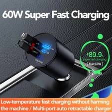 Retractable Fast Car Charger 4 IN 1 Power Charging Adapter with USB Type C Cable