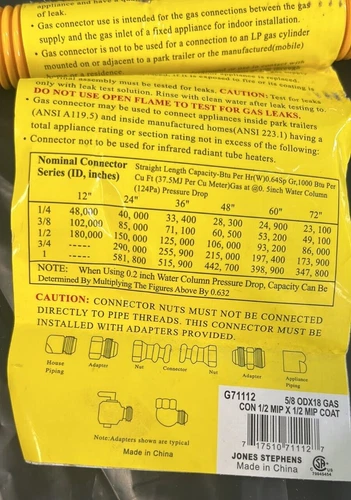 JONES STEPHENS G71112 5/8" Gas Connector, Coated with Fitting, 1/2" MIP x 1/2" - Picture 1 of 3