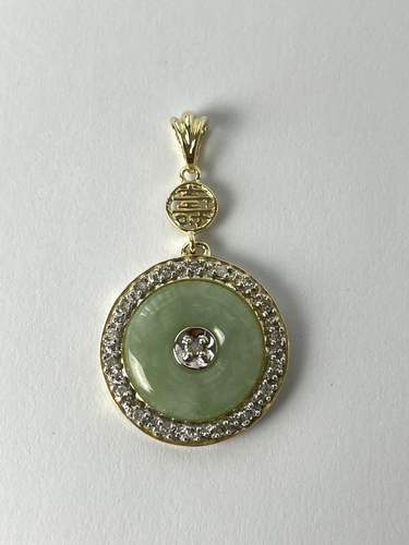 9ct Gold Diamond and Jade Pendant Chinese Longevity Jade & Diamond Gold Pendant - Picture 9 of 19